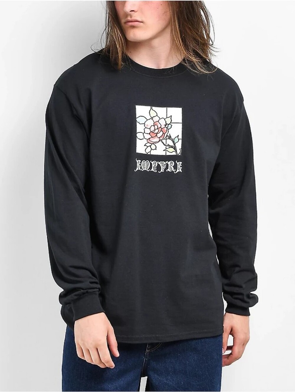 Empyre Mens Black Rose Stained Glass Graphic Long Sleeve Shirt Y2K Skate L